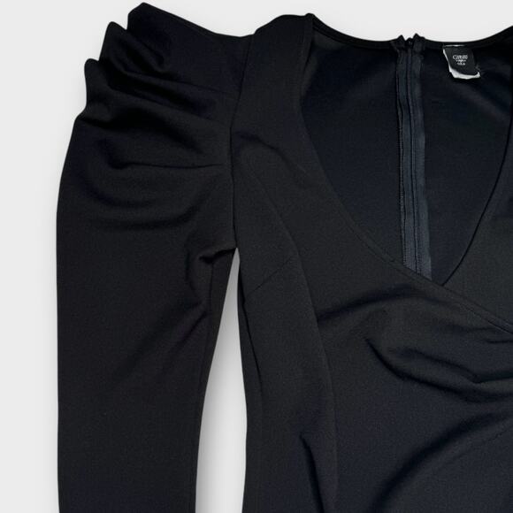 Vintage Gibiu Black Bodycon Faux Wrap Structured Shoulder Dress L - Picture 6 of 11